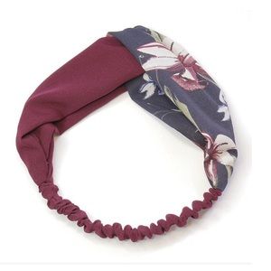 Burgundy boho floral print elastic headband twist